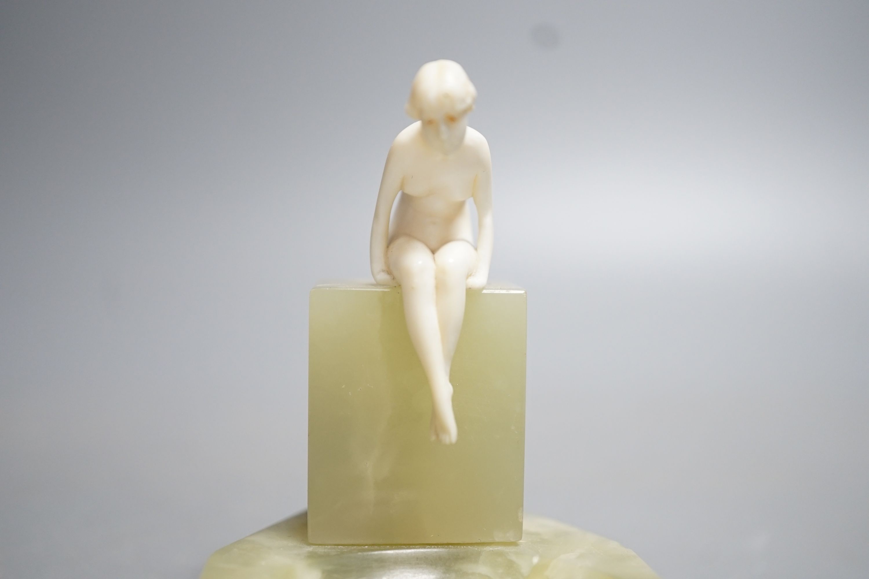 Attributed to Ferdinand Preiss (1882–1943), Art Deco ivory and onyx figural ash tray, 7cm deep